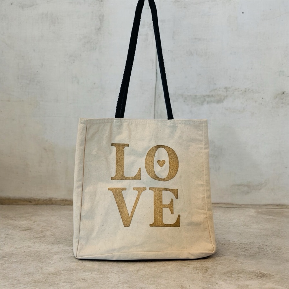 Cream Canvas Love Tote Bag with Gold Lettering and Black Rope Handles